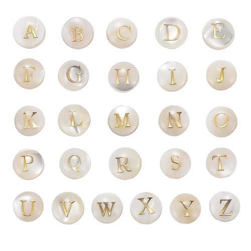 LiQunSweet 26Pcs/Box Natural Trochid Shell Trochus Shell Beads Flat Round with Letter A~Z Alphabet Golden for DIY Craft Jewelry Bracelet Making - 6x4mm