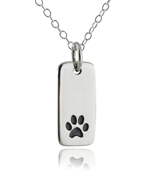 FashionJunkie4Life Sterling Silver Paw Print on Rectangle Charm Necklace, 18" Chain, Dog Cat Pet Jewelry