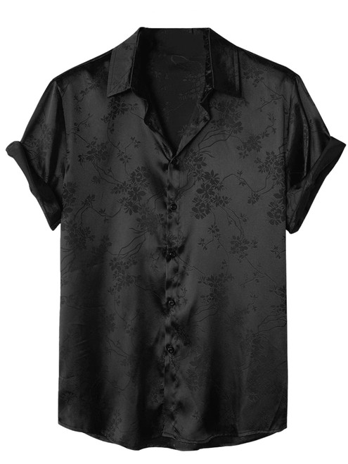 OYOANGLE Men's Satin Floral Print Button Down Front Lapel Collar Solid Short Sleeve Shirt Black M