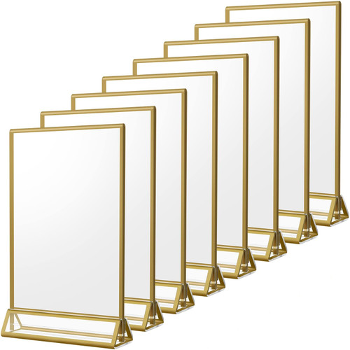 Smarpau 8 Pack 5x7 Acrylic Sign Holder, Double Sided Gold Picture Frame with Vertical Stand, Wedding Table Number Holder, Menu Holder, Photo Display