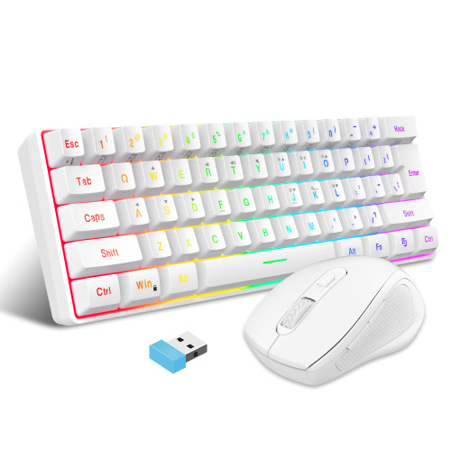 Snpurdiri 2.4G Wireless Gaming Keyboard and Mouse Combo, Include Small 60% Merchanical Feel Ergonomic Design Mini Wireless Mouse(White)