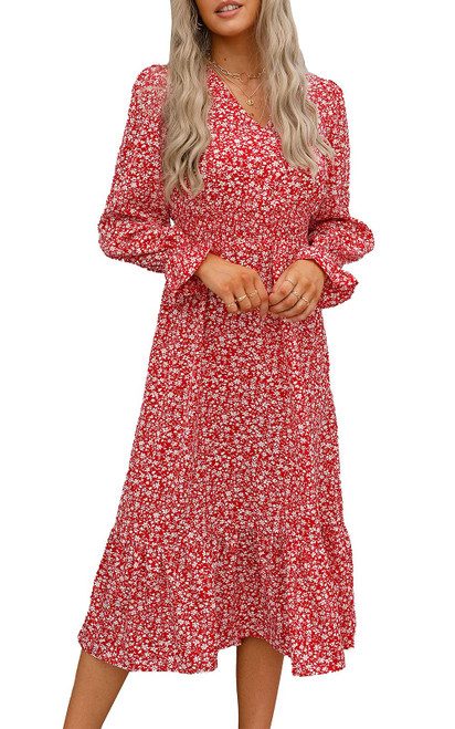 PRETTYGARDEN Long Sleeve Dress for Women, Pleated Maxi Dress V Neck Boho Floral Print Fall Long Dresses (Red, Large)