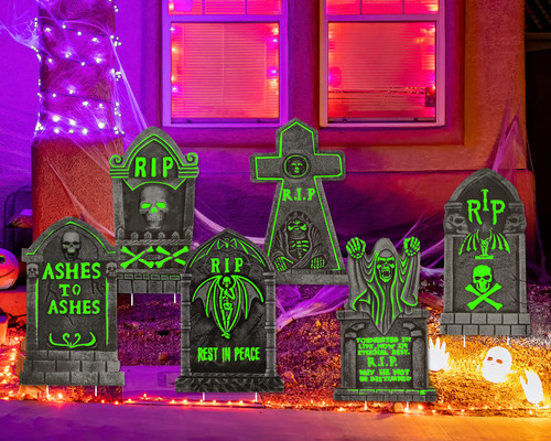 Halloween Yard Signs Stakes Outdoor Decorations - Luminous warning sign/tombstone Lawn Decorations Signs for Garden Yard Scary Halloween Witch Decorations Outside (tombstone-6pc)
