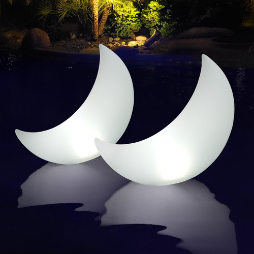 Goallim Crescent Moon Floating Pool Lights Solar Powered, 23-inch Color Changing Solar Powered Pool Lights that Float, Inflatable Wateproof RBG Floating Lights for Pool Weddings Party Patio Decor-2PCS