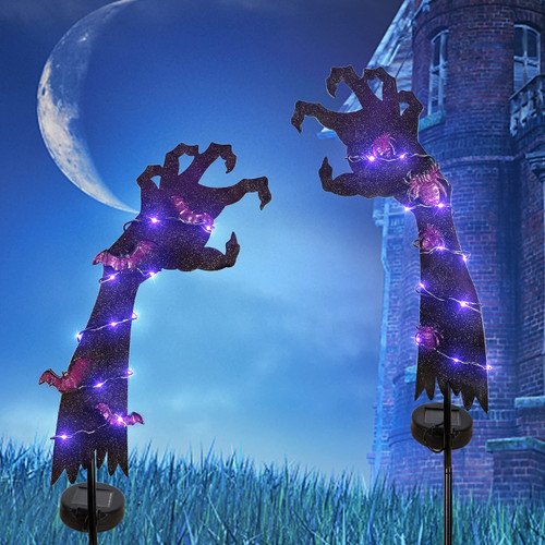 Ridota Solar Halloween Yard Decorations, Outdoor LED Solar Powered Ghost Hand Halloween Pathway Lights, Metal Garden Stakes Lawn Yard Ornament, Set of 2