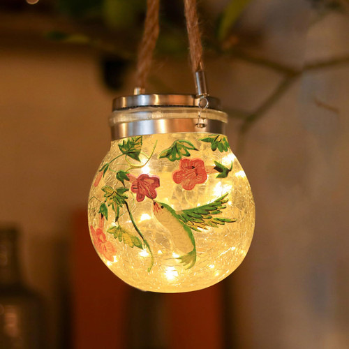 Solar Lantern - Hanging Solar Lantern Outdoor Solar Garden Lights Waterproof Cracked Glass Ball with LED Lights for Patio Yard Garden Decorative (Hummingbird)