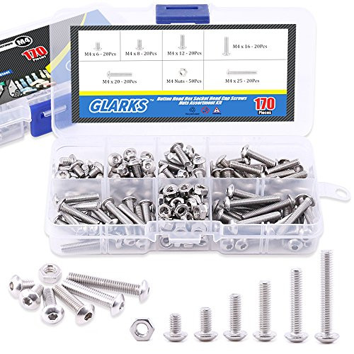 Glarks 170Pcs M4 Stainless Steel Allen Hex Drive Button Head Socket Cap Bolts Screws Nuts Assortment Kit (M4)
