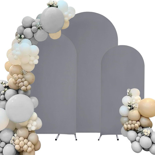 Spandex Fitted Wedding Arch Cover Set of 3 Gray Arch Backdrop Cover, Round Top Chiara Backdrop Stand Covers for Wedding Birthday Party Baby Shower Banquet Arch Decoration (Gray, 6FT,6.6FT,7.2FT)