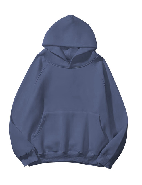 Lauweion Women Solid Basic Fleece Letter Loose Hoodie Sweatshirt Long Sleeve Kangaroo Pocket Drop Shoulder Pullovers Top Dustyblue