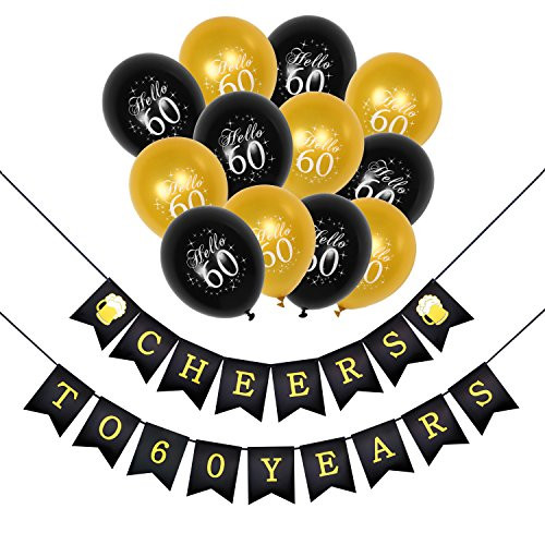 Konsait 60th Birthday Party Decorations Kit, Cheers to 60th Birthday Banner for Her Him, Celebration 60th Birthday Latex Balloons Gold and Black for 60 Years Old Party Decoration Supplies Favors