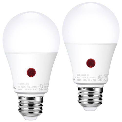 Emotionlite Dusk to Dawn Sensor Light Bulbs Outdoor, Neutral White LED Bulbs, 60 Watt Equivalent, Automatic On/Off, Porch, Patio,Garage, Hallway, Basement, A19 Size, 9W, E26 Medium Base (2 Pack)