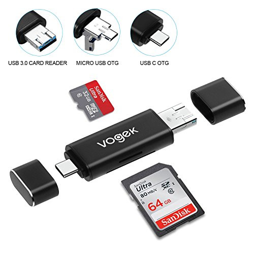 VOGEK SD Card Reader, 3-in-1 USB 3.0/USB C/Micro USB Card Reader - SD, Micro SD, SDXC, SDHC, Micro SDHC, Micro SDXC Memory Card Reader for MacBook PC Tablets Smartphones with OTG Function, Black