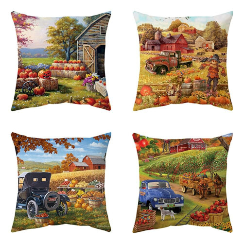 4PCS Farmhouse Fall Throw Pillow Covers 18x18, Thanksgiving Pillow Covers Farmhouse Rustic Autumn Pumpkin Decorative Pillow Covers, Thanksgiving Pillow Case Harvest Cushion Covers