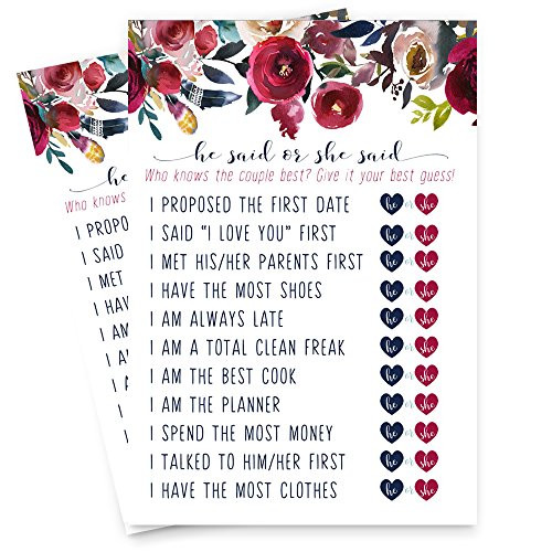 Navy Floral Bridal Shower Games He Said or She Said Set of 25 Cards Navy Floral Bridal Shower Games He Said or She Said Set of 25 Cards