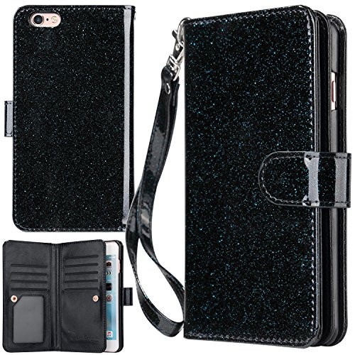 iPhone 6 Plus Case, iPhone 6S Plus Wallet Case, UrbanDrama Glitter Shiny Faux Leather Magnetic Closure Credit Card Slot Cash Holder Protective Case for iPhone 6 Plus/iPhone 6S Plus 5.5", Blue Black