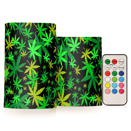 Green Leaves Flameless Candles with Remote Timer Battery Operated Flickering Flameless LED Candles Set of 2 LED Tea Light Candles for Wedding Decor