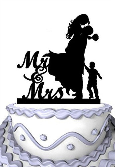 Meijiafei Bride and Groom with Little Boy Silhouette Script Mr and Mrs Wedding Cake Topper Meijiafei Bride and Groom with Little Boy Silhouette Script Mr and Mrs Wedding Cake Topper