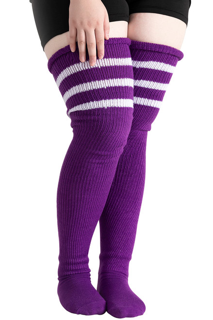 Women's Plus Size Thigh High Socks for Thick Thighs, Extra Long Over Knee Striped Stockings, Knee High Leg Warmer Boot Socks(Purple Stripe) Women's Plus Size Thigh High Socks for Thick Thighs, Extra Long Over Knee Striped Stockings, Knee High Leg Warmer Boot Socks(Purple Stripe)