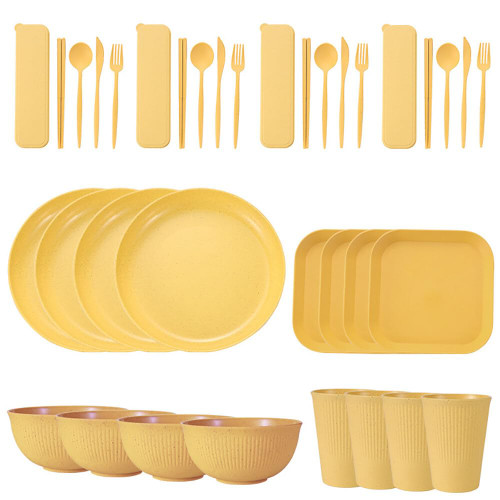 36PCS Wheat Straw Dinnerware Set for 4 - Unbreakable Plastic Plate Bowl Dishes for Travel Picnic Camping Dishes Cutlery Dinner Plates Bowl Dishwasher Microwave Safe Reusable Tableware