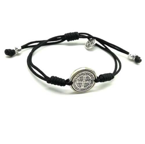 St Benedict Adjustable Cord Bracelet, Catholic Saint Medal Bracelet, Gold/Silver (Silver)