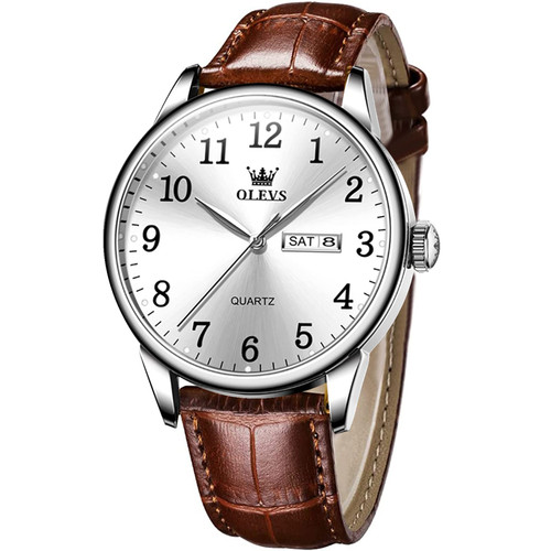 OLEVS Silver Watches for Men Cheap Brown Leather Watch Men Luxury Dress Classic Waterproof Business Analog Calendar Arabic Numerals Easy Reader Watch White Dial Wrist Watch for Elderly