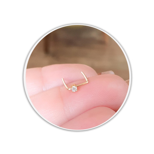 2 Hole Earring Double Piercing Single Stud Tiny Thin Multiple Lobe Staple Bar CZ Diamond Posts in Gold Silver Rose Gold (Rose Gold, SINGLE earring)
