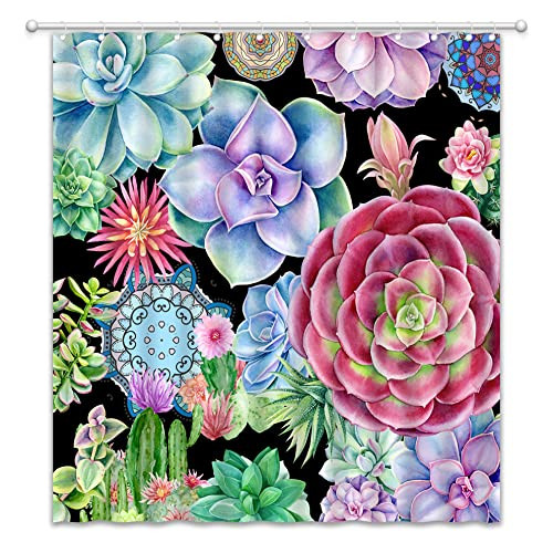 JIRGIXA Boho Floral Shower Curtain Colorful Tropical Cactus Succulent Flower Plant Botanical Watercolor Nature Fabric Bathroom Decor Curtain with Hooks
