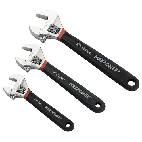 MAXPOWER 3PCS Adjustable Wrench Set, 6-Inch 8-Inch 10-Inch Professional Adjustable Shifter Movable Spanner with Double Dipping Handle, Drop Forged with Chrome Finish, Metric/SAE