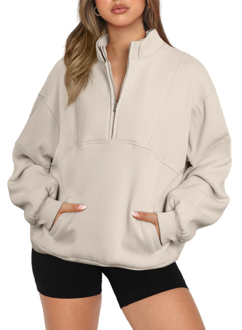 BLENCOT Half Zip Oversized Sweatshirts For Women Long Sleeve Fleece Trendy Cropped Pullover Workout Warm Tops With Pockets 2XL Apricot