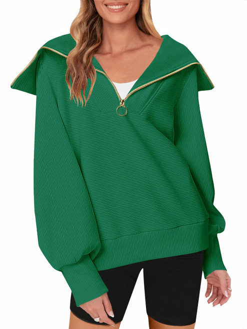 MEROKEETY Womens Casual Half Zip Sweatshirts Long Lantern Sleeves Lapel Collar Fall Pullover Tops,Green,L