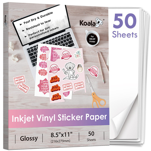 Koala Printable Vinyl Sticker Paper for Inkjet Printer - 50 Sheets White Glossy Sticker Paper, Waterproof Sticker Printer Paper 8.5x11 Inch, Tear-Resistant, Removable Koala Printable Vinyl Sticker Paper for Inkjet Printer - 50 Sheets White Glossy Sticker Paper, Waterproof Sticker Printer Paper 8.5x11 Inch, Tear-Resistant, Removable