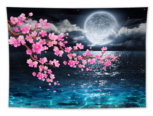 LB Full Moon over Ocean Tapestry Japanese Pink Cherry Blossom Tapestry for Bedroom Psychedelic Teal Decor Wall Hanging Tapestry Fantasy Wall Art for Living Room Dorm Home Decor, 60 x 40 Inches