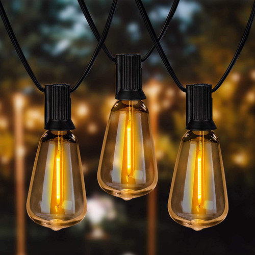 Newpow Outdoor String Lights 48ft with 23+2 Spare LED Filament Bulbs Dimmable Shatterproof Waterproof, for Indoor/Outdoor Decoration and Lighting, Edison Vintage Style Warm 2200K