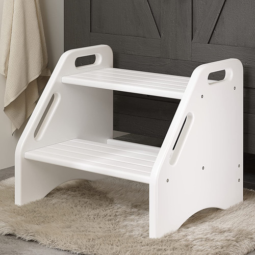 AMBIRD Wooden Two Step Stools Toddler with Safety Non-Slip Pads and Handles, Bamboo Step Stool for Bathroom, Bedroom, Kitchen Dual Height Step Stools for Kids (White)