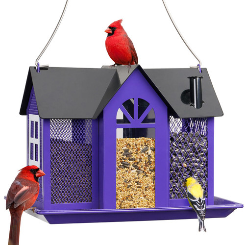 Kingsyard Bird Feeder House for Outside, Metal Mesh Wild Bird Feeder with Triple Feeders for Finch Cardinal Chickadee, Large Capacity, Weatherproof and Durable, Purple
