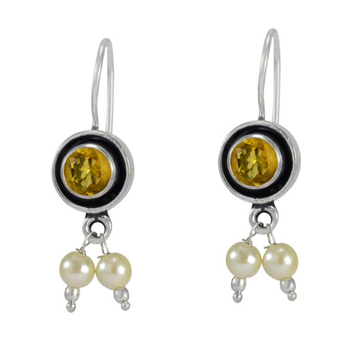 Silvesto India Round Bead Handmade Jewelry Manufacturer Citrine & Pearl, Jaipur Rajasthan India 925 Sterling Silver Plated, Clip On Drop Earring Length 3.4 cm