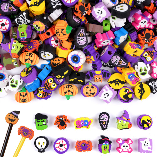 Halloween Erasers for Kids 200 Pcs Trick or Treat Party Favors Decorative Pumpkin Ghost Spider Erasers Bulk Erasers Cap Students Classroom Halloween Rewards Supplies