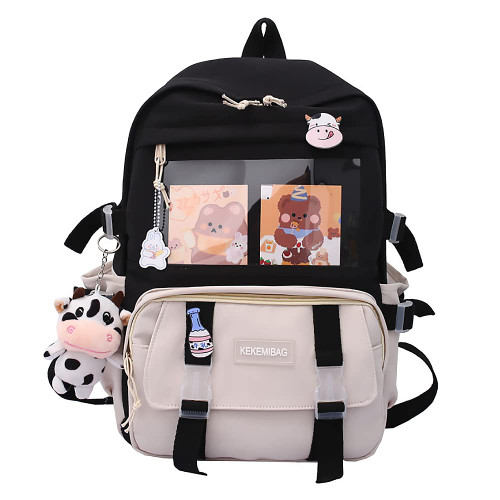 hwojjha Kawaii Backpack Lovely Pastel Rucksack for Teen Girls, Cute Aesthetic Bookbag for School with Kawaii Pin and Accessories (black)