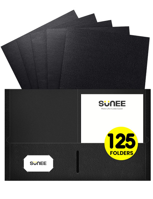 SUNEE Folders with Pockets(125 Pack, Black), 2 Pocket Folders Fit Letter Size Paper, Paper File Folder for School Office Home Bussiness