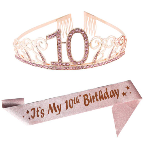 10th Pink Birthday Tiara and Sash Pink Glitter Satin Sash and Crystal Rhinestone Tiara Crown for Happy 10th Birthday Party Supplies Favors Decorations 10th Birthday Party Accessories
