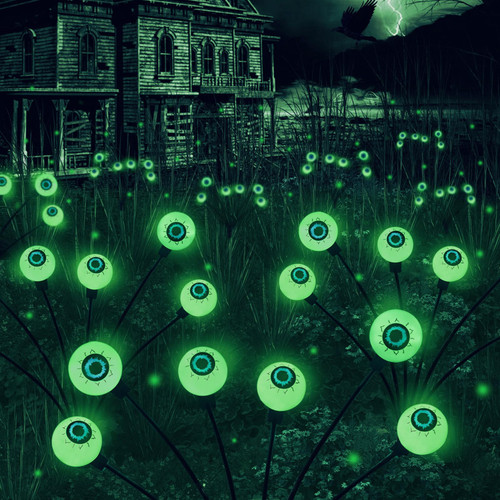 Halloween Solar Eyeball Lights Outdoor Decor, 2 Pack 12LED Green Eyeball Swaying Firefly Lights with Stakes, Waterproof Solar Halloween Path Lights for Yard Pathway Garden Lawn Party Decorations