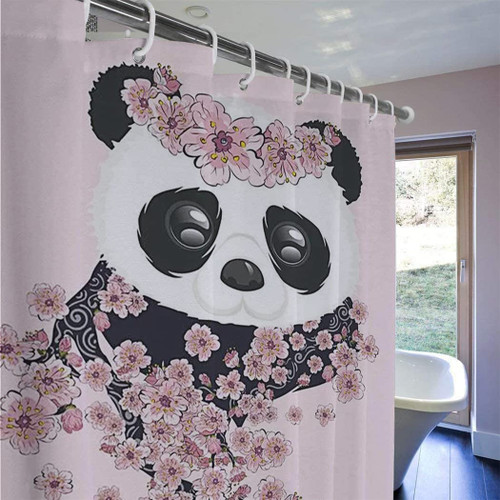 SXCHEN Fabric Bath Shower Curtain 60"x72" Polyester Shower Curtains for Bathroom, Waterproof Shower Curtain Liner with 12 Hooks Panda Pink Sakura Flowers
