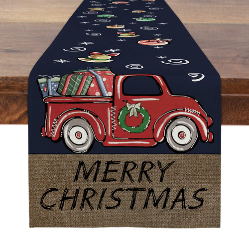 TPHIHPT Christmas Table Runner 72 Inches Long Red Truck Merry Christmas Runners for Table Winter Holiday Table Runners Christmas Table Decorations