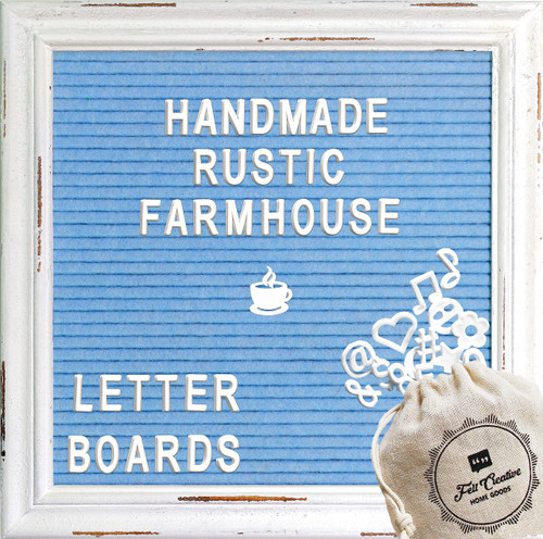 Blue Felt Letter Board Baby Announcement Sign with Rustic Wood White Frame - Rustic Farmhouse Letter Board Sign with Stand - 10x10 Felt Board Changeable Message Board with 350 Letter Set