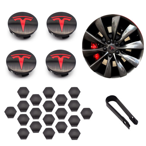 Adullama Tesla Wheel Cap Kit Compatible with Tesla Model Y, Tesla Model 3, Tesla Model S, Tesla Model X (4 Matte Hub Center Caps + 20 Lug Nut Covers) Tesla Accessories - Black&Red