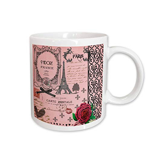 3dRose Vintage Pink Paris Collage Art, Eiffel Tower, Red Rose, Black Bow, Swirls, Ceramic Mug, 15-Oz 3dRose Vintage Pink Paris Collage Art, Eiffel Tower, Red Rose, Black Bow, Swirls, Ceramic Mug, 15-Oz
