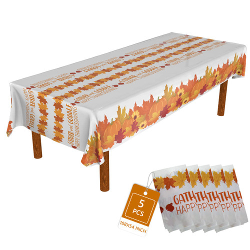 ATFUNSHOP Thanksgiving Tablecloth 5 Pack 54" X 108" Fall Party Supplies Pumpkins Turkey Disposable Table Cover Water Proof Plastic Table Cloth for Thanksgiving Decoration Dinner Party