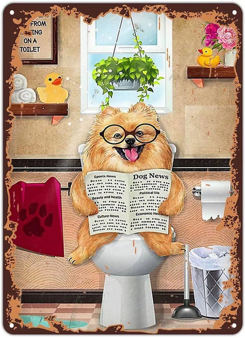 WZVZGZ Aluminum Tin Metal Pomeranian Reading Dog News Poster,Farmhouse Sign Country Farm Kitchen Wall Home Garden Decor Art Signs Garage Decoration 5.5x8 Inch Toilet/Bathroom/washroom/Restroom