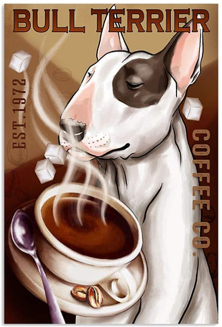 WZVZGZ Retro Metal Aluminium Tin Sign Dog Bull Terrier Tasty Hot Coffee Novelty Sign for Living Room Garden Bedroom Office Hotel Cafe Bar Club Wall Decor 8x12 Inch