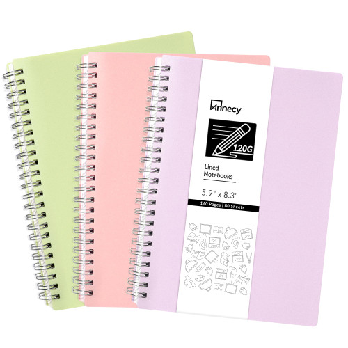 Annecy 3 Pack Lined Spiral Notebooks - A5 Lined Journals with 120gsm Thick College Ruled Paper 80 Sheets/160 Pages 5.9 x 8.3 inches - Journals for Writing/Drawing/Study and Notes